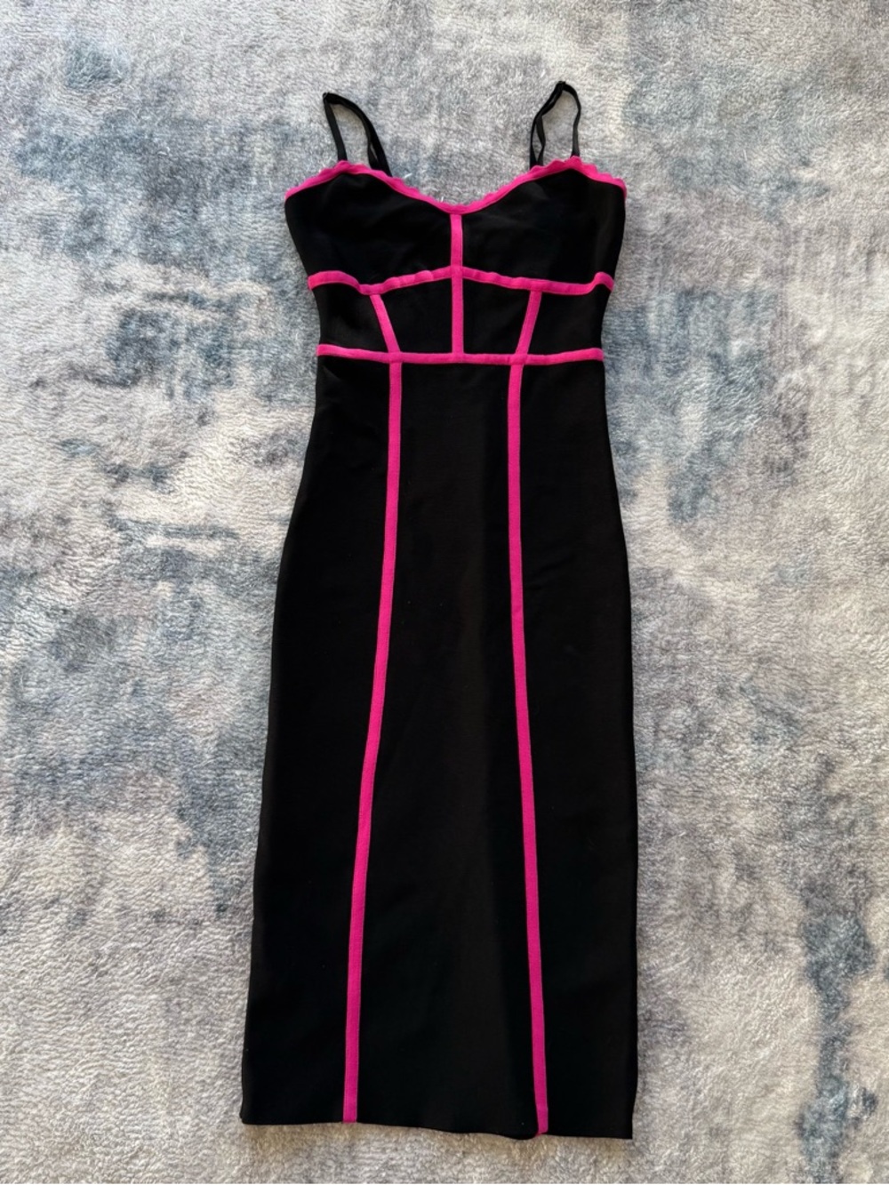 BCBG Max Azria Bodycon Mini Dress Black Pink Trim Size XS/S Bandage Club Y2K ECU